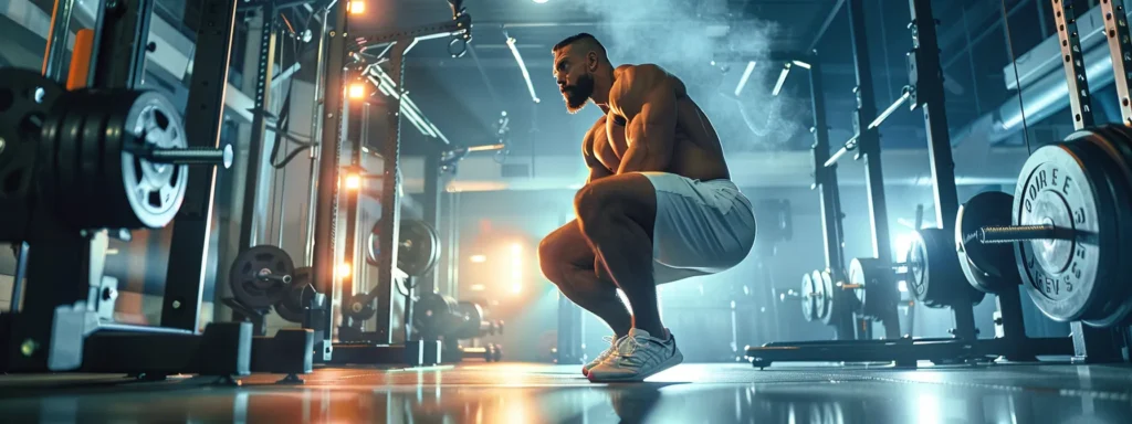 a powerful athlete in mid-squat, surrounded by dynamic energy and vivid lighting, captures the essence of strength and fitness workouts in a modern gym setting.
