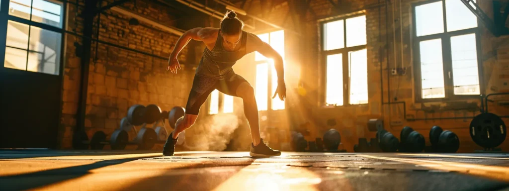 a powerful athlete performing an intense workout amidst a sunlit gym, surrounded by dynamic shadows and vibrant colors that emphasize strength and determination.
