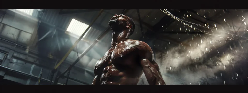 a powerful scene depicting a muscular athlete in mid-action, showcasing intensity and dedication during a strength training workout, illuminated by dynamic lighting that highlights the sweat glistening on their skin against a dramatic backdrop of gym equipment.