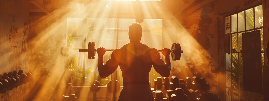 a dynamic scene captures an intense strength workout in a sunlit gym, showcasing powerful movements and vibrant energy as a muscular figure lifts heavy weights amidst a backdrop of reflective mirrors and motivational quotes.